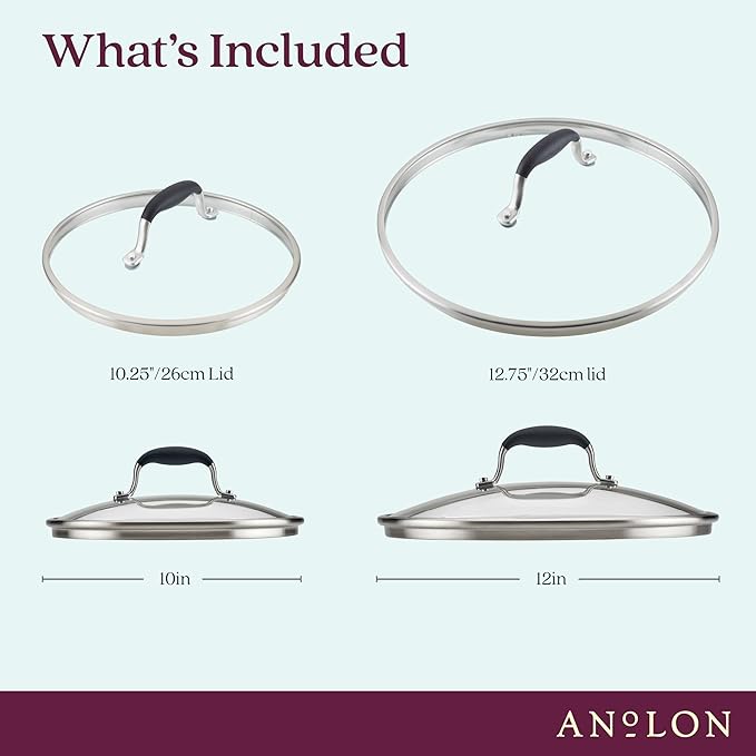 Anolon Advanced Home Glass Lids Stainless Steel and Silicone Handles 2 Piece 10 Inch and 12 Inch Lid Set Onyx