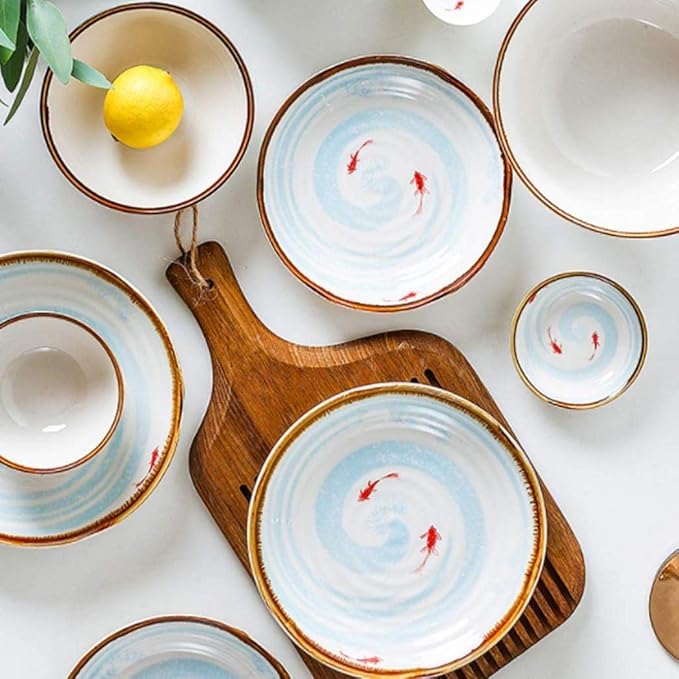 52 Pieces Ceramics Dinner Sets Fish Pattern Plates Bowls Combination for Family Party and Kitchen Restaurant