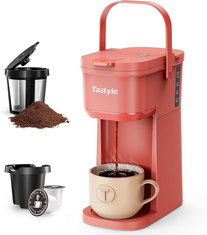 Single Serve One Cup Coffee Maker for K Cups and Grounds Mini Coffee Maker with Portable Handle 6 to 12 Oz Brew Size for Travel Camping Office RV and Dorm 120V Salmon Pink