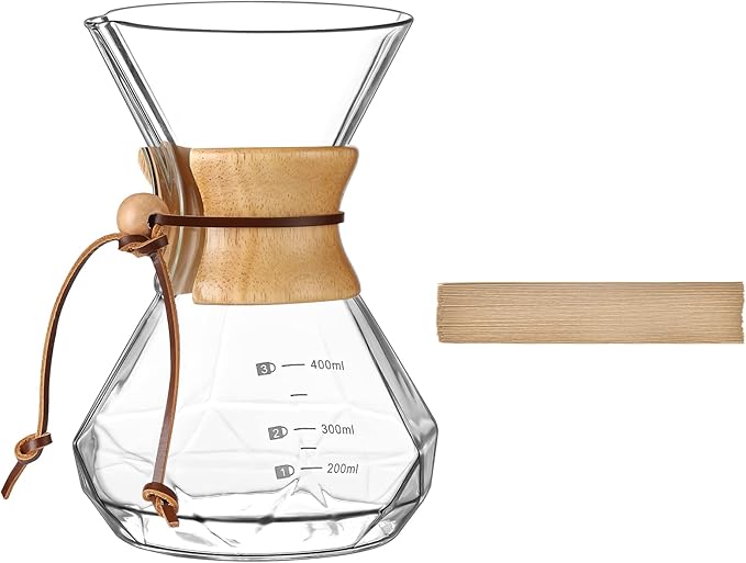 Puricon Pour Over Coffee Maker 15 oz with 40 Paper Filters Glass Coffee Dripper Holds 1 to 2 Cups Carafe Brewer for Home/Cafe Restaurant