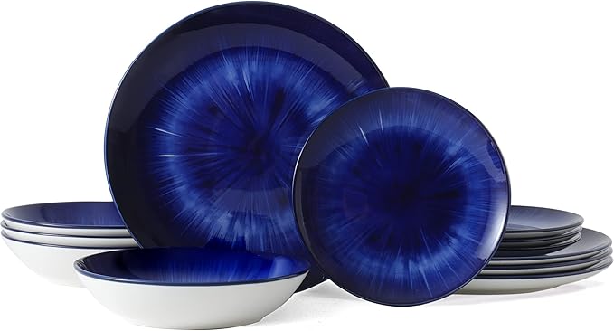 Bestone 12 Piece Round Kitchen Dinnerware SetsPlates and Bowls setsDishes Plates Bowls Dish SetPlates and BowlsService for 4 Chip Resistant Porcelain Starburst Turquoise Dark Blue