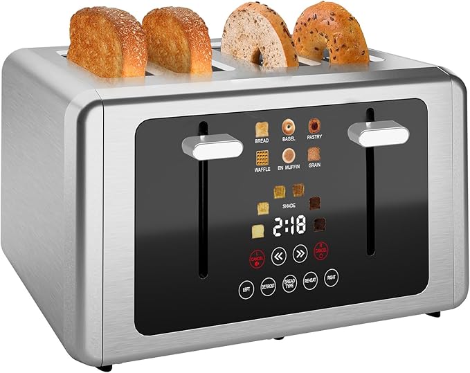 Touch screen Toaster 4 sliceSmart Digital Timer Toasters with Sound&ampScreen-Off Function 6 Bread Types &amp 6 Shade Settings 1.5''Extra Wide Slots Toast with Bagel DefrostWhite