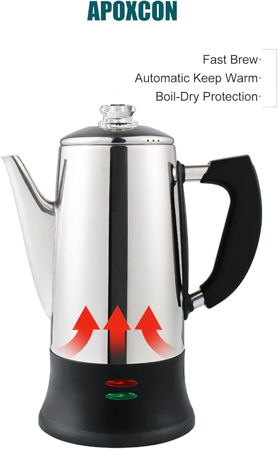 Electric Coffee Percolator Stainless Steel Coffee Maker with Two Heat Resistant Tough Glass Clear Brew Progress Knob Classic Look Keep Warm &amp Cordless Serving Coffee Pot 12 Cup