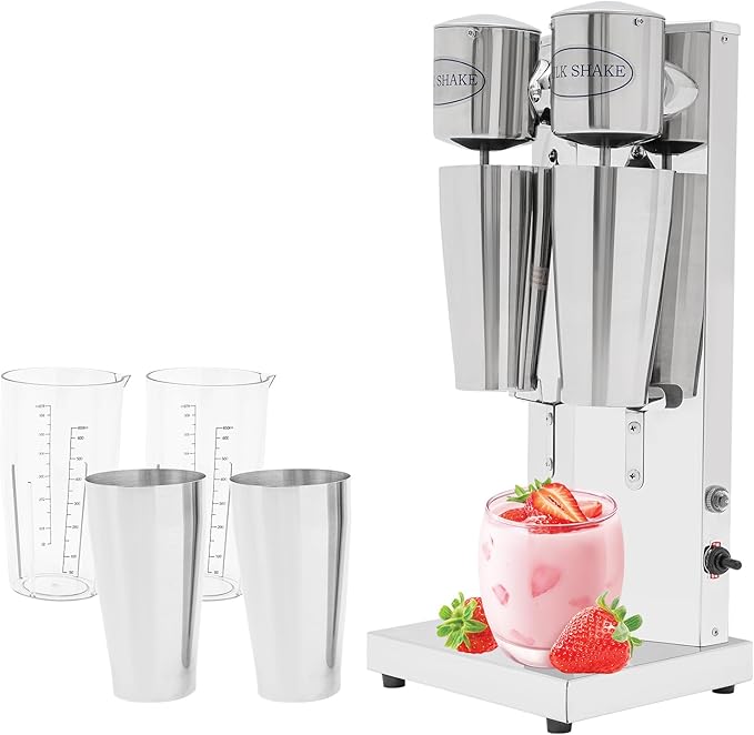 Electric Milkshake Maker Commercial Stainless Steel Milk Shake Machine Drink Mixer Adjustable Speed Malt Maker Machine Smoothie Milk Foam Tea Mixer Blender + cups (2 Head)