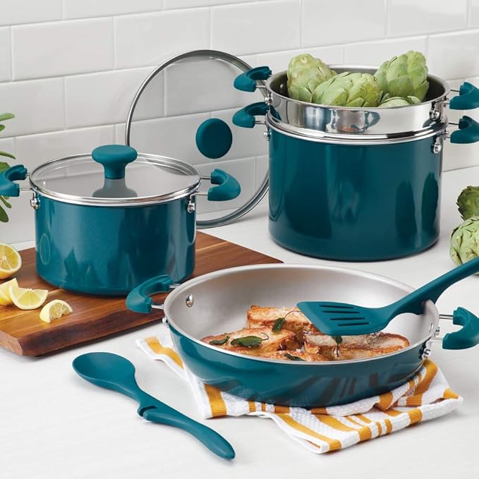Rachael Ray 8-Piece Aluminum Cookware Set Teal Shimmer