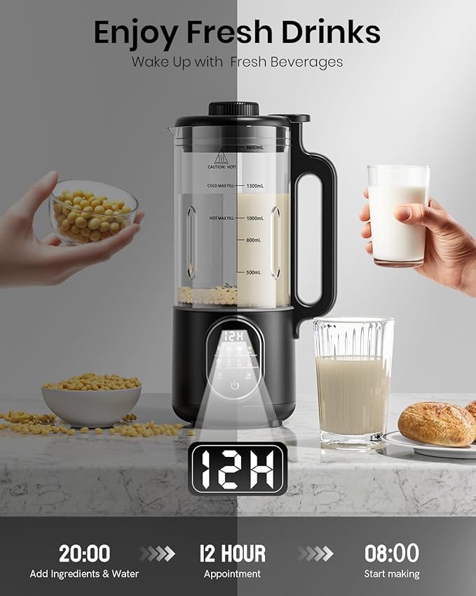 55oz Family Size Nut Milk Maker (5-6 Cups) Soy Milk Maker Machine for Almond/Oat/Soy/Cashew Milk Juice &amp Smoothie Almond Milk Maker with Auto Clean/Self-Clean Delay Start Boil Water &amp Kee