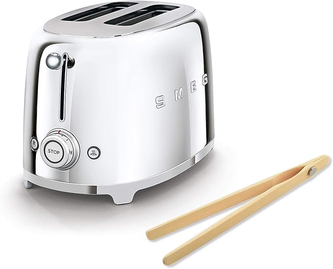 Smeg TSF01SSUS 50's Retro Style Toaster Bundle with Bamboo Tongs - (Chrome) 2 Slice