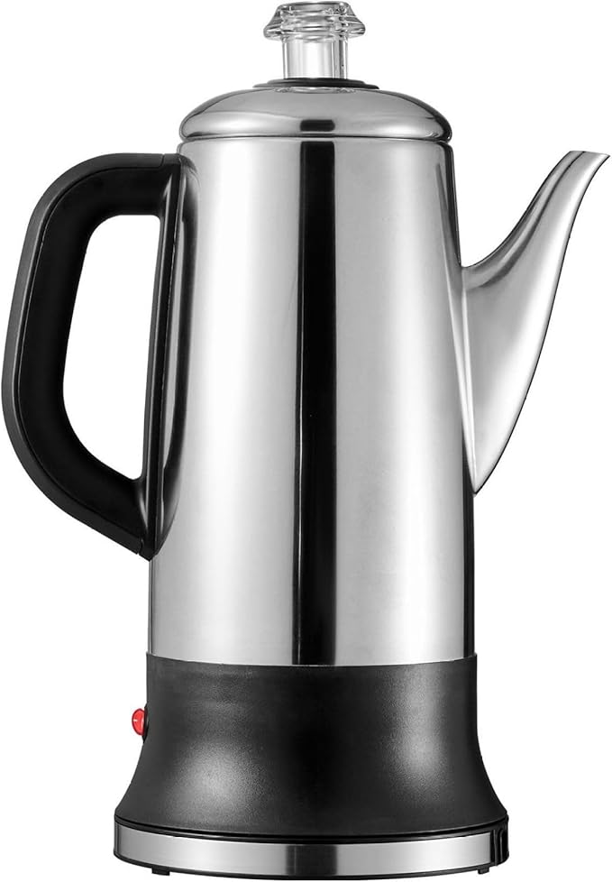 Electric Percolator Coffee Pot 12-Cup Stainless Steel Coffee Maker Keep Warm Quick Brew Easy Pour Spout 1.8L Capacity Silver