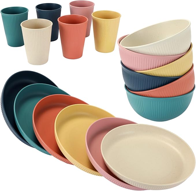 18PCS Wheat Straw Dinnerware Sets Unbreakable Reusable Dinnerware Set for 6 Microwave Dishwasher Safe Dinnerware for Outdoor Camping Dishes