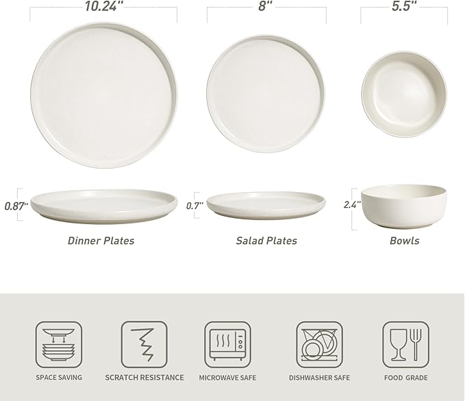 Famiware Milkyway Plates and Bowls Set 12 Pieces Dinnerware Sets and 4 Pieces Pasta Bowls Double Reactive Glaze Sturdy &amp Stackable Stoneware Dishes Set for 4 Matte White