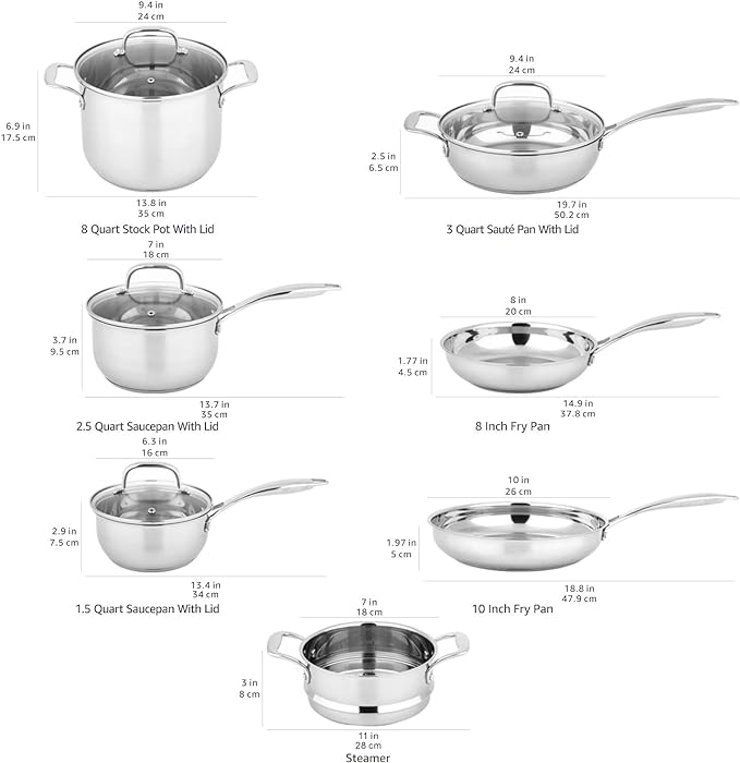 Amazon Basics Stainless Steel Cookware 11-Piece Set Oven Safe Induction-Ready Even Heating Non Toxic Stay-Cool Handles Pots and Pans All Stovetops Glass Lids Silver