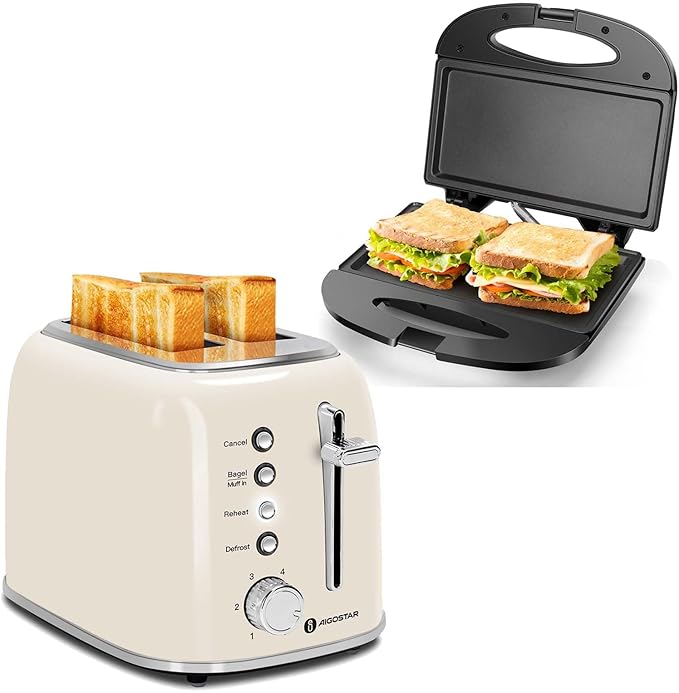 Aigostar Toaster 2 Slice Sandwich Maker Panini Press Tostadora de Pan Retro Extra-Wide Slot Toasters Best Rated Prime for Bagels Breads Waffles