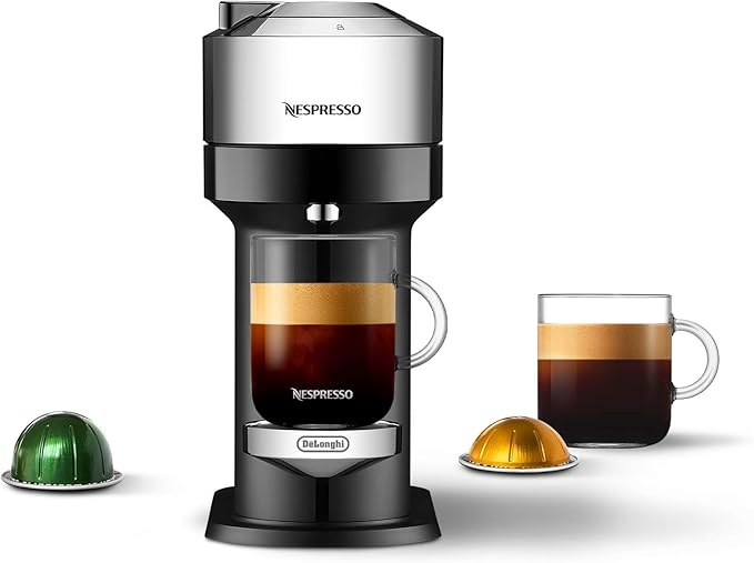 Nespresso Vertuo Next Deluxe Coffee and Espresso Machine NEW by De'Longhi Pure Chrome Single Serve Coffee &amp Espresso Maker One Touch to Brew (Renewed)