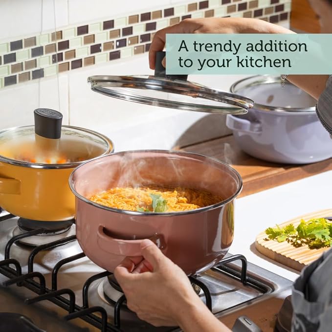 Cinsa 10-Piece Pot Set – Premium Enamel on Steel Pots with Lids Compatible with Electric Induction and Gas Stoves Multicolor