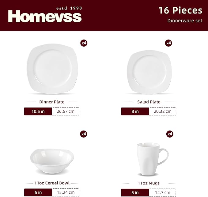 HomeVss New Bone China Embossed Dinnerware Set Coupe Square Shape 16pc Set