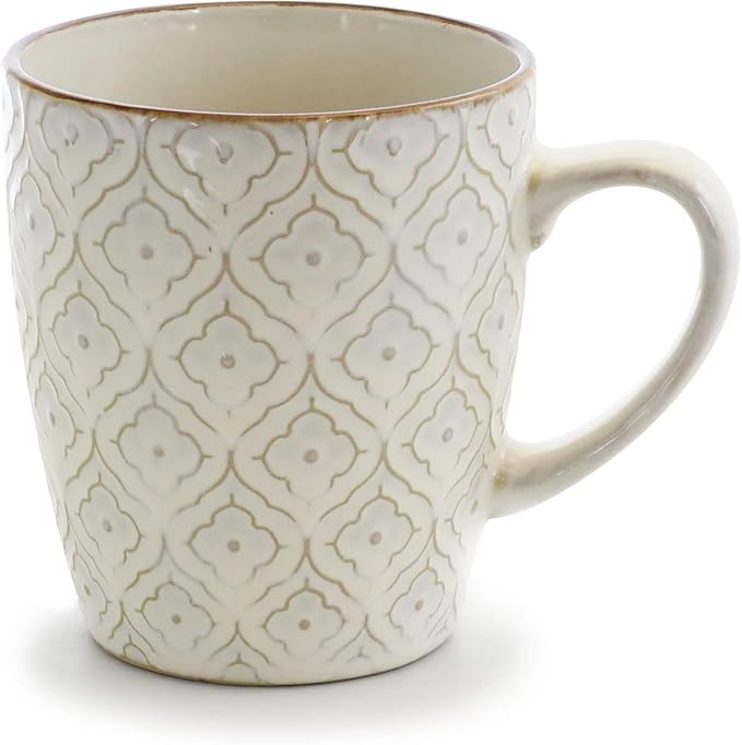 16 Piece Stoneware Dinnerware Set – Off-White Ogee Pattern Microwave &amp Dishwasher Safe Plates Bowls and Mugs