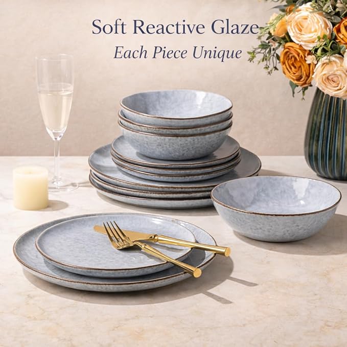 AmorArc Ceramic Dinnerware SetsHandmade Reactive Glaze Stoneware Plates and Bowls SetsHighly Scratch Resistant | Dishwasher &amp Microwave Safe Dishes SetService for 4 (12pc)