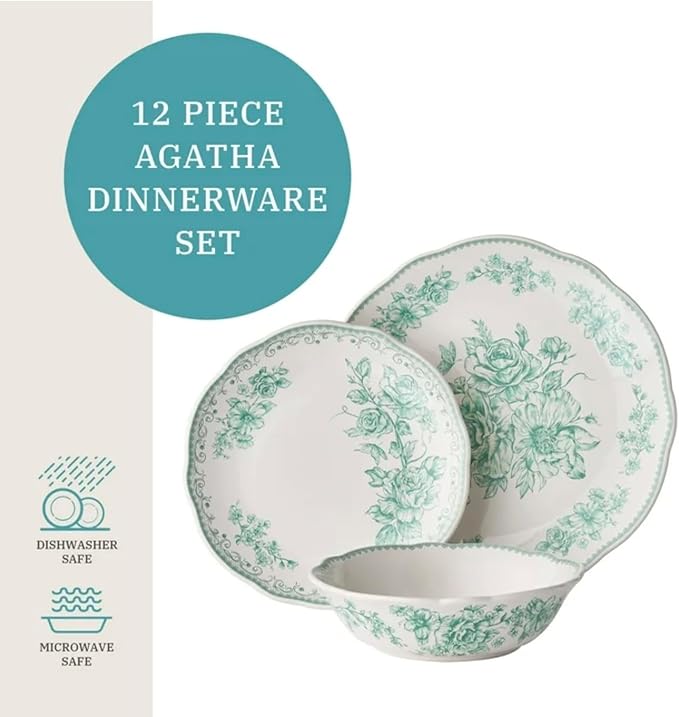 Vintage Inspired Agatha 12-Piece Stoneware Dinnerware Set Green