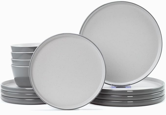 Melamine Dinnerware Sets Dishware Sets for 4 12 Pcs Plate and Bowl Set with Lipped Edges Lightweight Dish Set for CampingDishwasher SafeGood for Housewarming(Light GreyWhite)