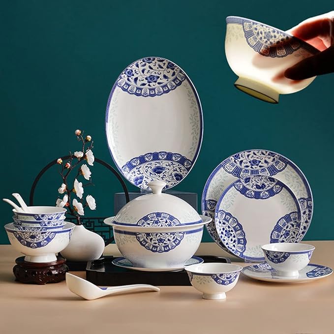 Creativity Ceramic Dinner Plate Sets 58 Piece Dinnerware Set Service for 6-8 Blue and White Pattern Bone China Bowls and Dish Set
