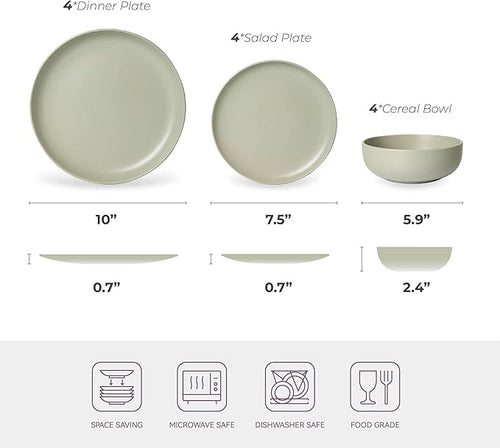 12-Piece Stoneware Dinnerware Set for 4 10 Plates &amp 7.5 Salad Plates &amp 5.9 Bowls Microwave &amp Dishwasher Safe Stackable Matte Glaze Kitchenware Chip &amp Scratch Resistant(Green)
