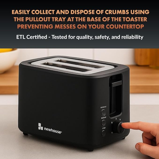 Newhouse 700W Black 2-Slice Toaster with Auto Pop-up and Auto Shut-off NHT-001-BLK Cool-to-Touch Kitchen Appliance and Apartment Essential Kitchen Countertop Staple for the Modern Home