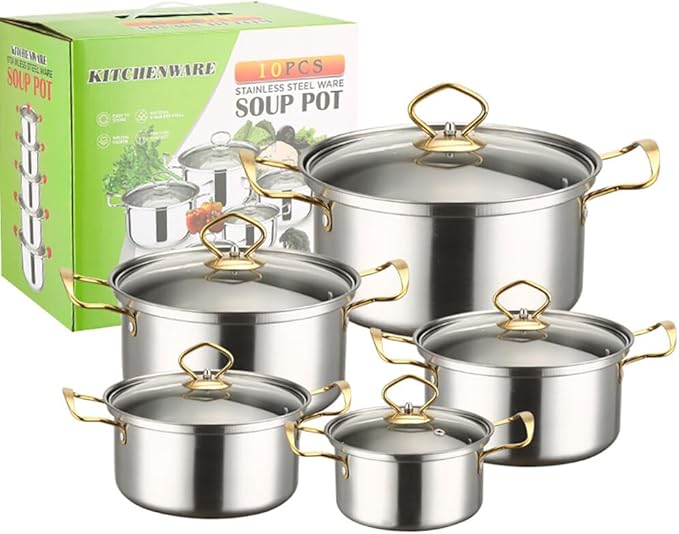Nonstick Kitchen Cookware Sets Stainless Steel Cookware Pot Stainless Steel Cooking Pot Set with Glass Lids for Gas Electric Halogen Ceramic Induction Hobs