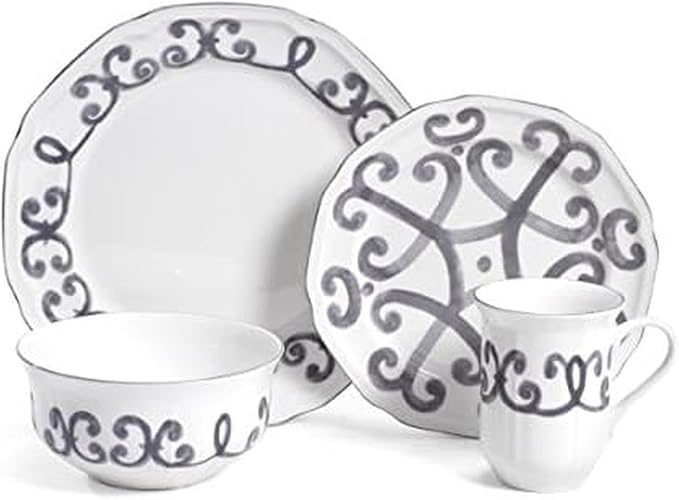 Mikasa Scroll 4 Piece Place Setting Dinnerware Set Gray/Antique White