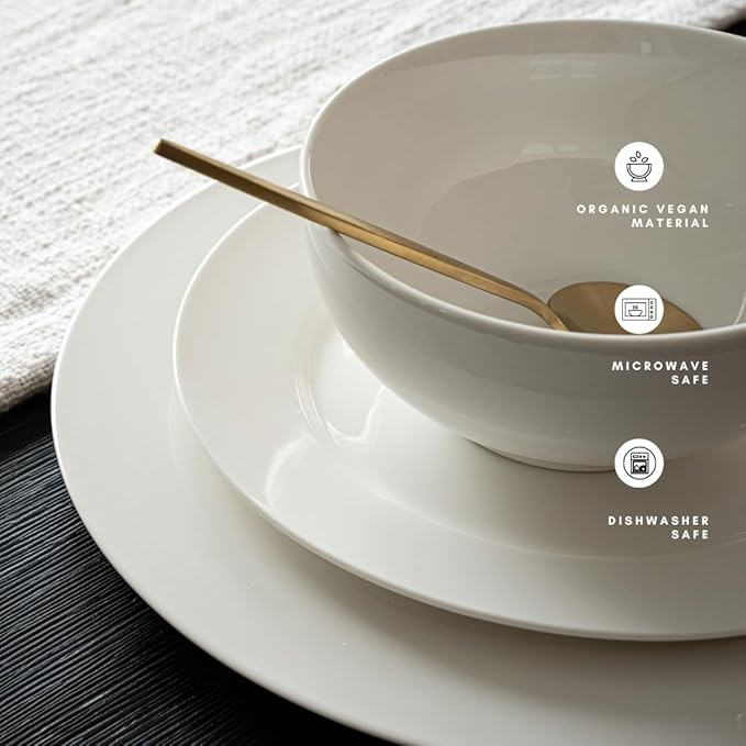 New Bone China 12 Piece Dinnerware Set Santorini Collection (Pure) White Daily Use China Tableware Service for 4