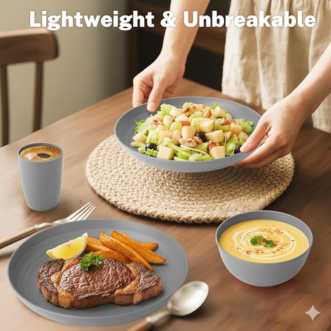 Wheat Straw Dinnerware Set 32 PCS Dinner PlatesDessert Plates Drinking Glasses Wheat Straw Bowls Set Microwave and Dishwasher Safe Dishes Set for 8 for Outdoor Camping Picnic - Grey
