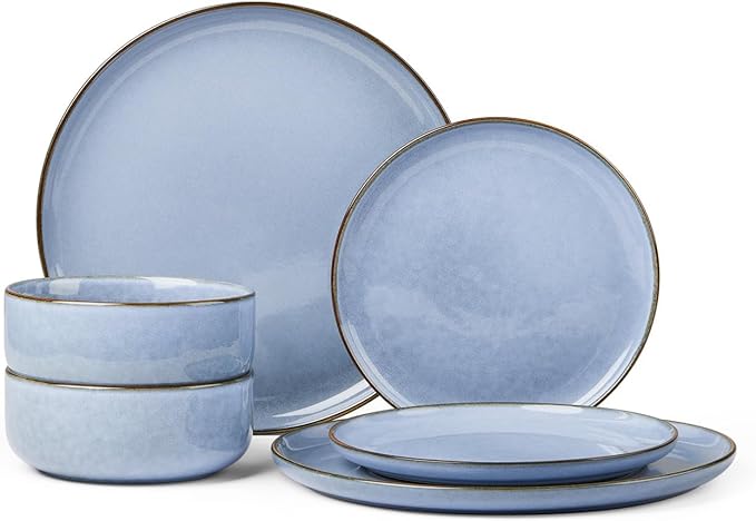 Herogo 6-Piece Stoneware Dinnerware Sets for 2 Stackable Dinner Plates and Bowls Sets Double Reactive Glaze Dishware Place Setting for Kitchen Scratch Resistant Microwave Safe Haze Blue