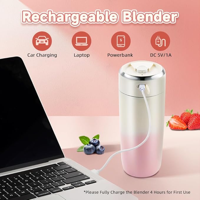 Portable Stainless Steel Blender Cup with 6H Insulated 16oz Design USB-C Rechargeable Personal Fruit Mixer Crushes Small Ice Cubes for Fresh Drinks Travel/Office/Gym – Pink
