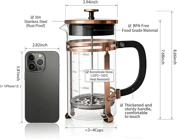 French Press Coffee Maker 34Oz Coffee Press with 304 Stainless Steel 4 Filters Borosilicate Glass Heat Resistant Carafe 100% BPA-Free Teapot &amp Coffee Press Copper Finish