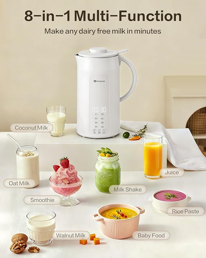 MOKKOM Nut Milk Maker 42oz Automatic Almond Milk Machine for Homemade Plant-Based Milk Oats Soy Dairy Free Beverages Soy Milk Maker with Delay Start/Keep Warm/Self-Cleaning/Boiling White