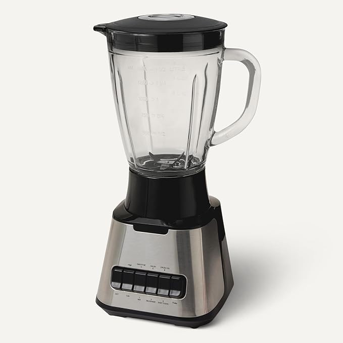 Amazon Basics Powerful 700W Countertop Blender with 6-Cup (50 Fl. Oz) Glass Jar 6 Pre-Programmed Functions Ice Crush Stainless Steel Blades Black &amp Silver