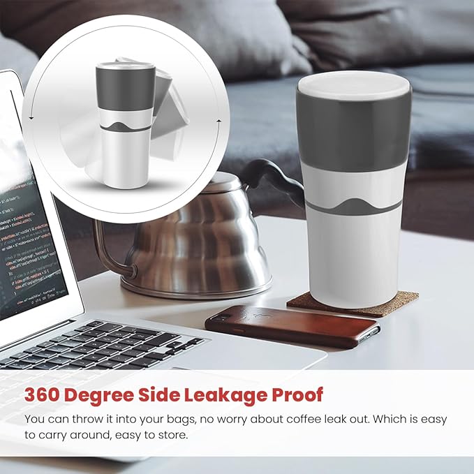 450ml Portable Drip Coffee Travel Mug Side Leakage Proof Sharing Cup Lid Drip Coffee Machine with 3 Capsules for K Cup Capsules (Grey and White)