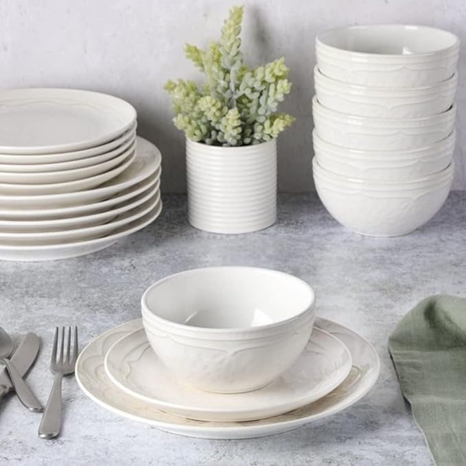 Durable 18 Pieces Elegant Round Ceramic Dinnerware Set For 6 | Hand Painted Floral Emboss Reactive Glaze Design Linen White Color | Durable Dishwasher Oven Safe Pretty Smooth Textured | Stylish Look