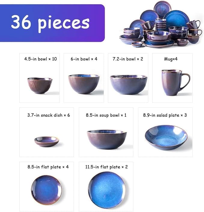 Dinnerware Set Plates And Bowls Set Plate/Bowl 36 Pieces Kiln Glaze Dinnerware - Blue Purple Porcelain Combination Set For Restaurant Family Party
