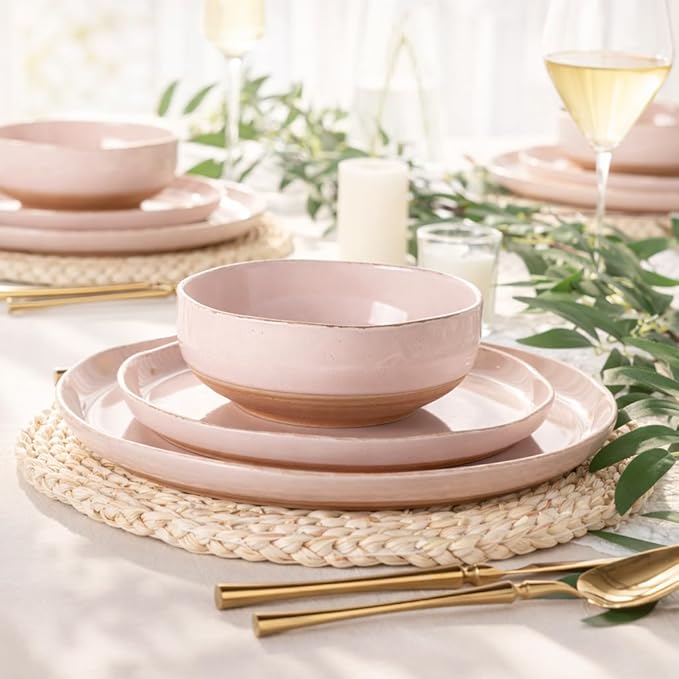 AmorArc Ceramic Dinnerware Sets for 4 12 Pieces Handpainted Plates and Bowls Set with Rustic Terracotta Underside Scratch Resistant Stoneware Dishes Set Dishwasher &amp Microwave Safe
