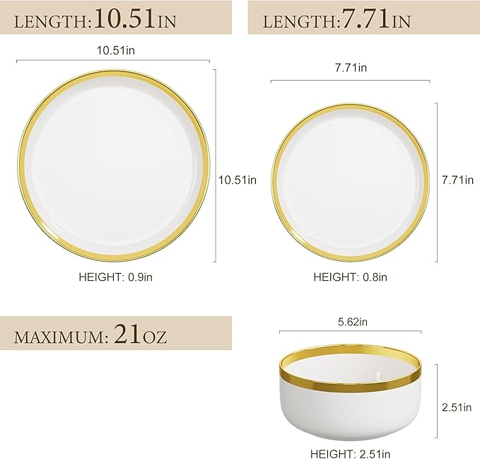 12-Piece Porcelain Dinnerware Set for 4 Kitchen Plates and Bowls Sets Handmade Ceramic Dish Set with Gold Rim White Non-Microwave &amp Non-Oven Safe