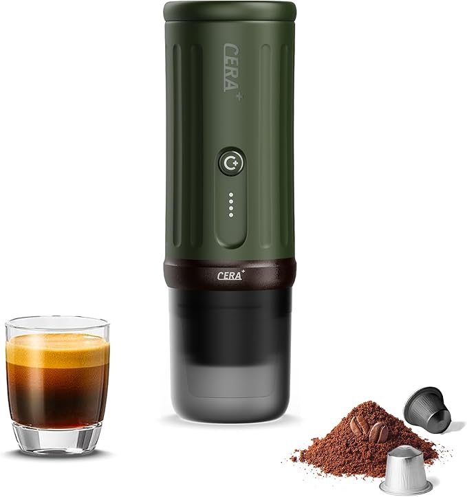 CERA+ Portable Espresso Machine 5-8 Cups per Charge Self-Heating 20 Bar NS Pods &amp Ground Coffee CERApresso Electric Travel Coffee Maker for Outing Working Camping