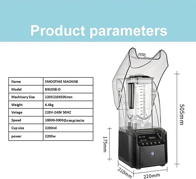 Commercial Stand Mixer 2.2L Electric Blender Smoothie Maker with 110V-240V 18000-30000RPM Capacity Soundproof Hood 5 Presets for Kitchen Milk Tea Coffee Dessert Leisure Shop