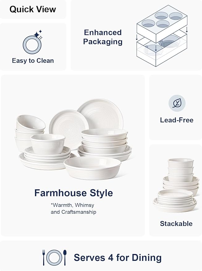 LE TAUCI Dishes Set with Pasta Bowls for 4 Stoneware Dinnerware Set 10 Dinner &amp 8 Salad Plates 6 Bowls 8.5 Pasta (30 oz) Stackable Microwave &amp Dishwasher Safe Ceramic 16-Piece Whit