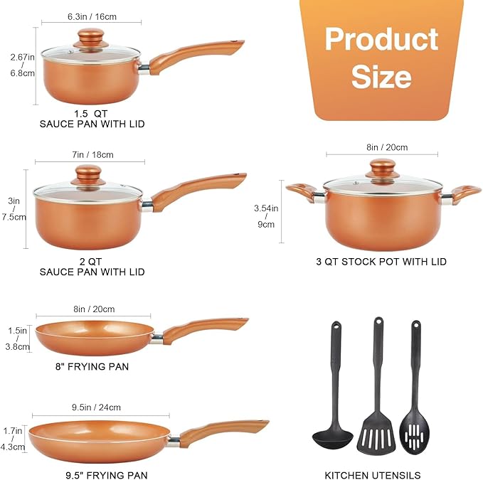 Pots and Pans Set Ultra Nonstick Pre-Installed 11pcs Cookware Set Copper with Ceramic Coating Stay cool handle &amp Nylon Kitchen Utensils Gas/Induction Compatible 100% PFOA Free