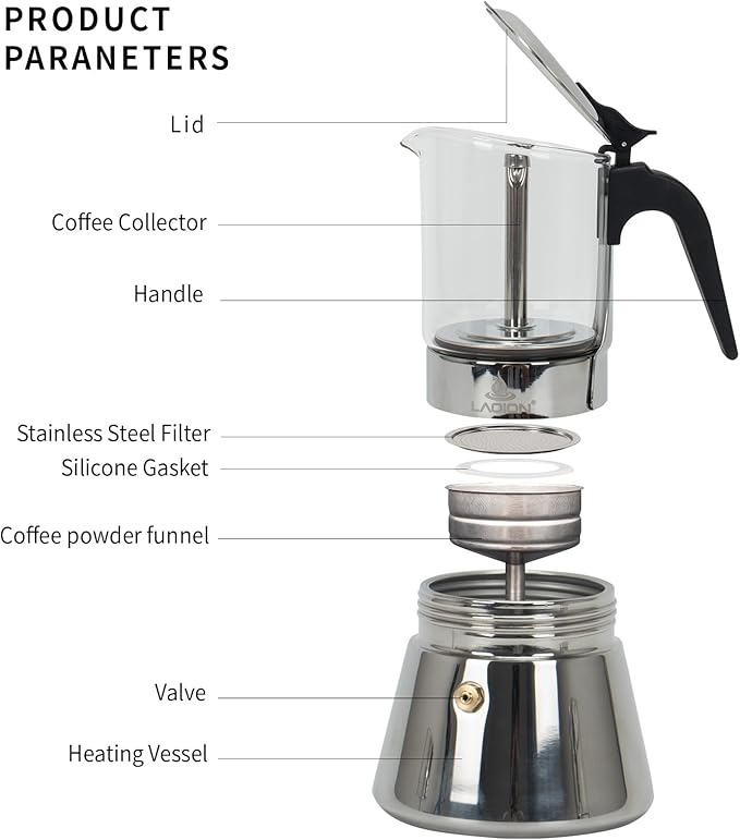 Stovetop Espresso Maker 6Cup 240ml Classic Moka Pot Crystal Glass-top &amp Stainless Steel Coffee Maker Mocha Pot Greca De Cafe Cuban and Italian Coffee Maker for Cafetera Cubana