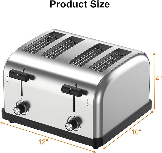 1800W Commercial Grade 4-Slice Pop Up Toaster -Stainless Steel 6-Browning Settings for Bread with Removable Crumb Tray for Bagel Bread English Muffins Waffles (Commercial &amp Home Use)