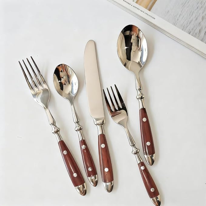 Silverware Set For 8 with Two Rivets Vintage 40-Piece Everyday Flatware Set with Wood Grain Bakelite Handle Stainless Steel Cutlery Set Dishwasher Safe Knives Spoons and Forks Set