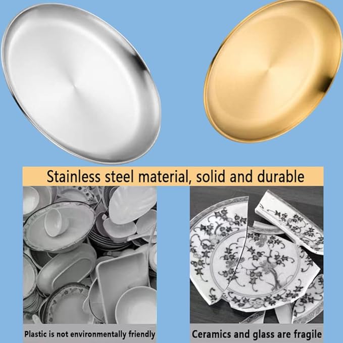 Hbluefat 4 PCS 12 Inch Gold Brushed Stainless Steel PlateRound Metal Dinner PlatesKitchenware Dinner Dishes Serving Tray Camping Plates for BBQSnackSteakFood ServingDishwasher Safe (Golden)