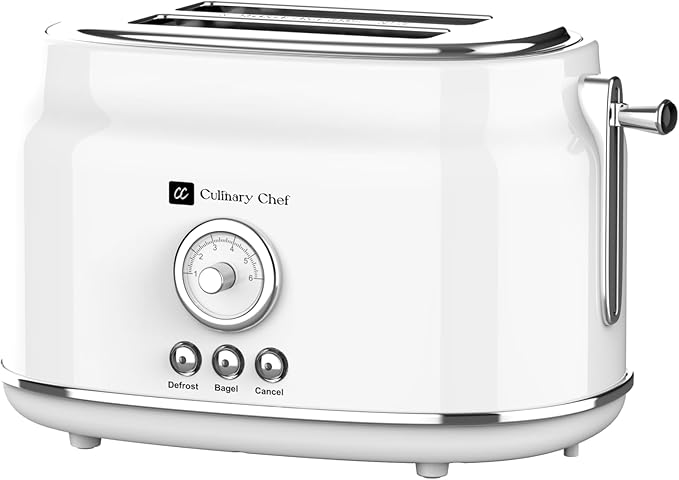 Frigidaire ETO102-WHITE 2 Slice Toaster Retro Style Wide Slot for Bread English Muffins Croissants and Bagels 5 Adjustable Toast Settings Cancel and Defrost 900w White