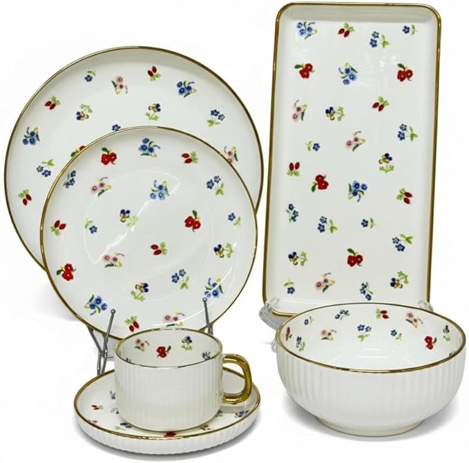 Premium Porcelain Dinnerware Set - 32 Pieces Set with Gold Rim Plates Bowls and Cups – Service for 6 (Floral)